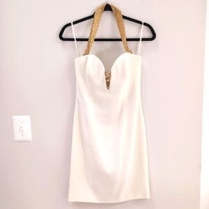 Cache 90s Ivory Mini Halter Cocktail Dress Plunge Gold Beaded Neckline Sz 6